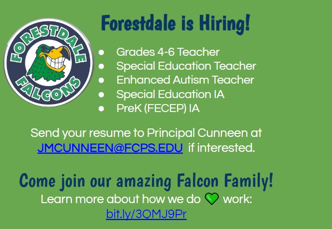 Forestdale ES (@forestdalees) on Twitter photo We are looking for passionate, caring, and collaborative educators to join our amazing Falcon Family for the 23-24 school year. #ForestdaleStrong <a href="/FCPSR3/">FCPS Region 3</a> <a href="/fcpsnews/">Fairfax Schools 🌟</a> <a href="/HR_FCPS/">FCPS Department of Human Resources</a> <a href="/Falcon_Cunneen/">Jenny Cunneen (she/her/hers)</a> We are looking for passionate, caring, and collaborative educators to join our amazing Falcon Family for the 23-24 school year. #ForestdaleStrong <a href="/FCPSR3/">FCPS Region 3</a> <a href="/fcpsnews/">Fairfax Schools 🌟</a> <a href="/HR_FCPS/">FCPS Department of Human Resources</a> <a href="/Falcon_Cunneen/">Jenny Cunneen (she/her/hers)</a>
