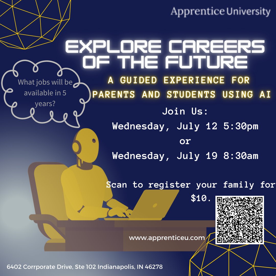 verticallifein's tweet photo. Leverage AI with our knowledgeable staff at our interactive workshop July 12 or July 19 to explore careers of the future!
#AI #careers #careersoffuture #apprenticeuniversity https://t.co/oWmLwACapK