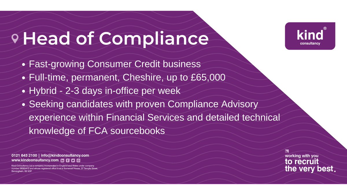 We're currently seeking a Financial Crime Operations Team Leader in the West Midlands and a Head of Compliance in the North West. Find full details on these and many more Governance, Risk, Compliance, Change &amp; Transformation jobs across the UK at jobs.kindconsultancy.com