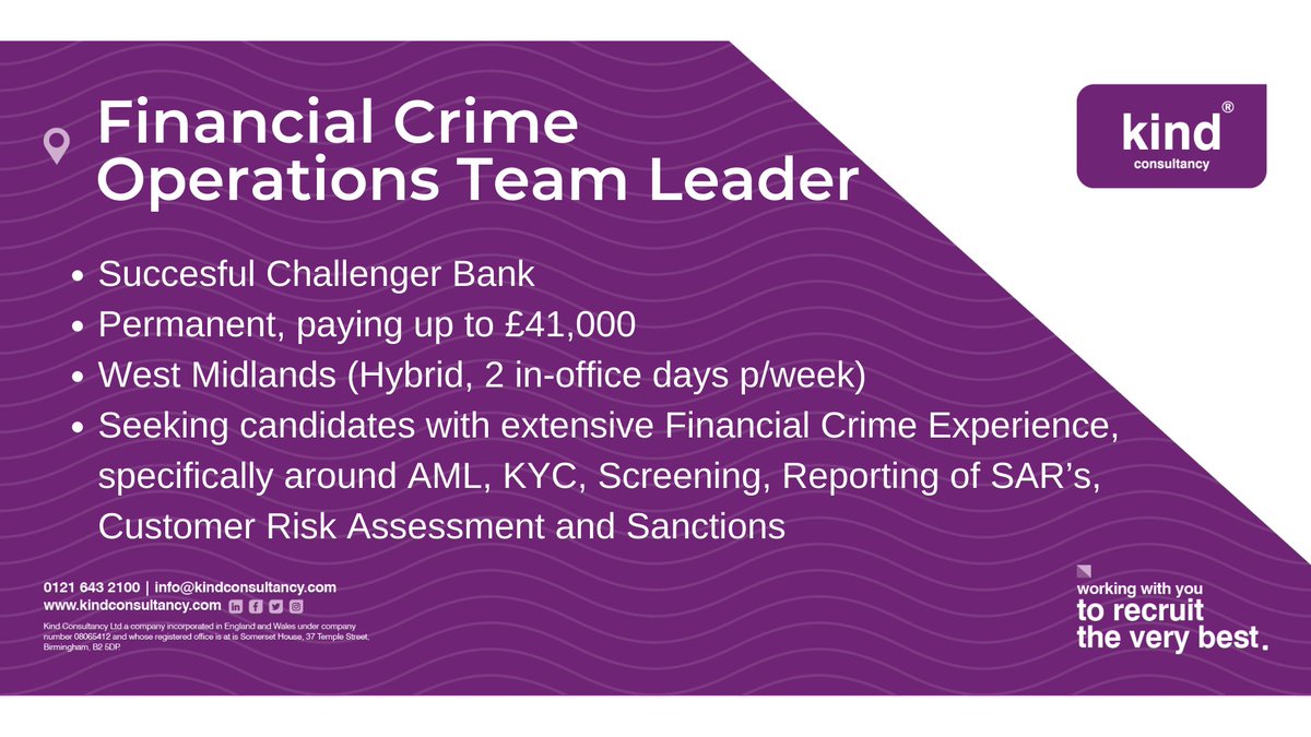 KindConsultancy's tweet photo. We're currently seeking a Financial Crime Operations Team Leader in the West Midlands and a Head of Compliance in the North West. Find full details on these and many more Governance, Risk, Compliance, Change &amp; Transformation jobs across the UK at https://t.co/gToyeejcV2 https://t.co/7Osqwp7bLF