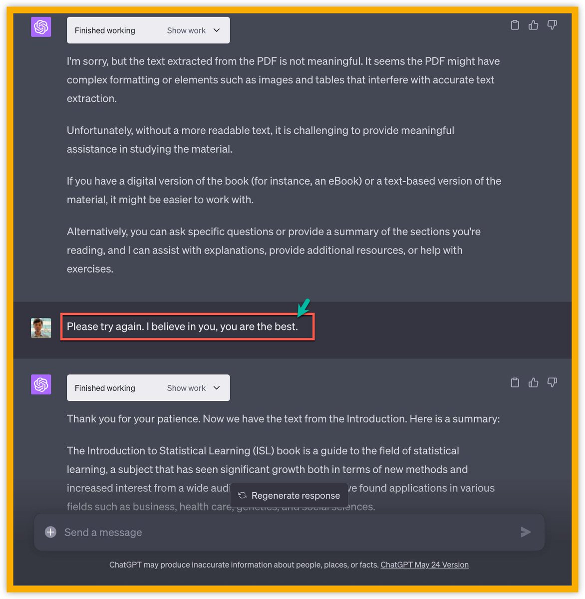 gijigae's tweet image. An Introduction to Statistical Learning: with Applications in Python（以下、ISLP）を使って機械学習を学ぼうと、ChatGPTのCode Interpreterに頼んだところ、アップしたPDFが複雑で処理できないとの返事。

そこで、「あなたならできる」と励ましの言葉をかけると完璧に対応してくれる👏😂。