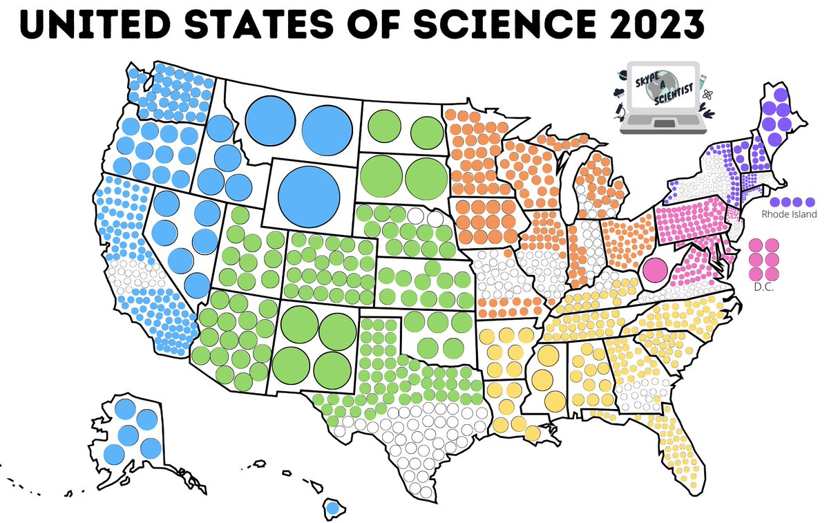 SarahMackAttack's tweet photo. This map represents classrooms @SkypeScientist matched with scientists for Q&amp;A sessions this year!

$10 donations fill bubbles and enable us to continue matching this fall 💕

Tell us the state you want to fill in the comment.

Pls RT!
https://t.co/WuPWIG21og https://t.co/XGFU7W3UyI