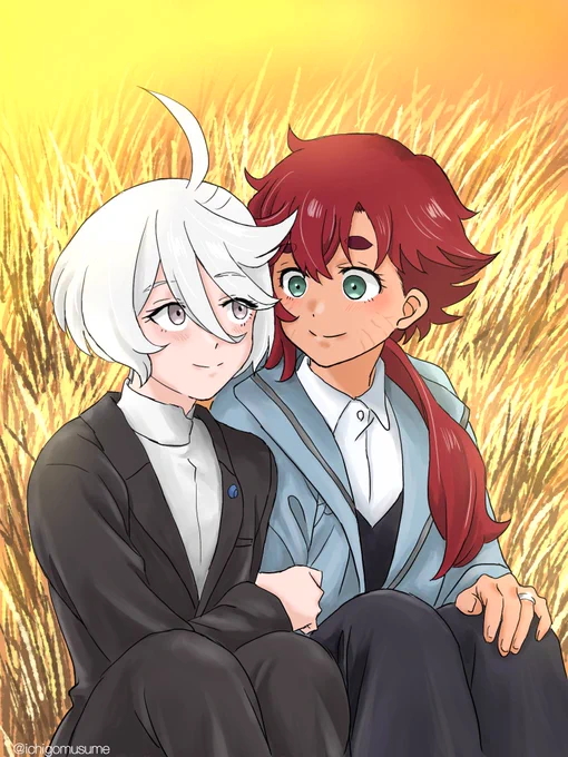 宝石の日々。祝福を紡いで、そっと。2人にとってこれからの日々も宝石のように輝いたものになりますように。毎日毎日結婚して夫婦になったスレミオのこと考えてます。無事最終回を迎えて水星の魔女ロスになった心は2人の甘い結婚生活を妄想して埋めるしかないですね。#水星の魔女 #スレミオ 