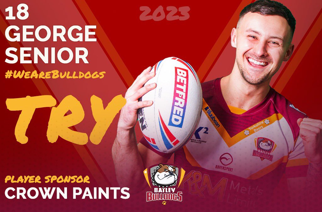BatleyRLFC's tweet photo. TRY, BATLEY!! Late offload from Hooley and George Senior slides over in the corner! 

🐶 30
🐆 0

#COYD #UTD 🐶 https://t.co/7fMAHtDkOn