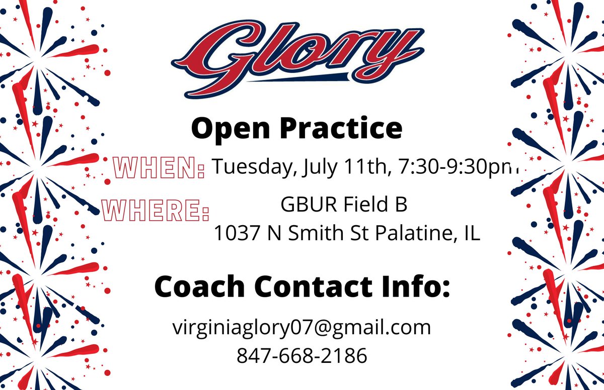 Join us on Tuesday, July 11th, we’ll be hosting an open practice ahead of our tryout. Come out, practice with us and see what we’re all about! We’re 16U moving to 18U and looking for 05, 06, and 07 players! 
#glorysoftball #allgutsallglory