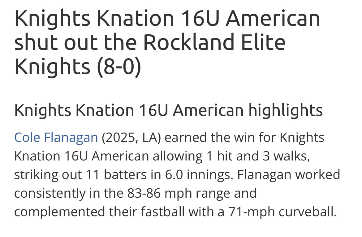 2025 LHP Cole Flanagan of Sam Houston with a dominant performance in Atlanta in the 16U WWBA throwing a shutout with 11 strikeouts running his FB up to 86 . Big time outing Cole !! #4L <a href="/Coleflan08/">Cole Flanagan</a> <a href="/hebert1230/">chad hebert</a> <a href="/PerfectGameUSA/">Perfect Game USA</a> <a href="/PG_Scouting/">Perfect Game Scout</a> <a href="/PG_Tourney/">Perfect Game Tournaments</a>