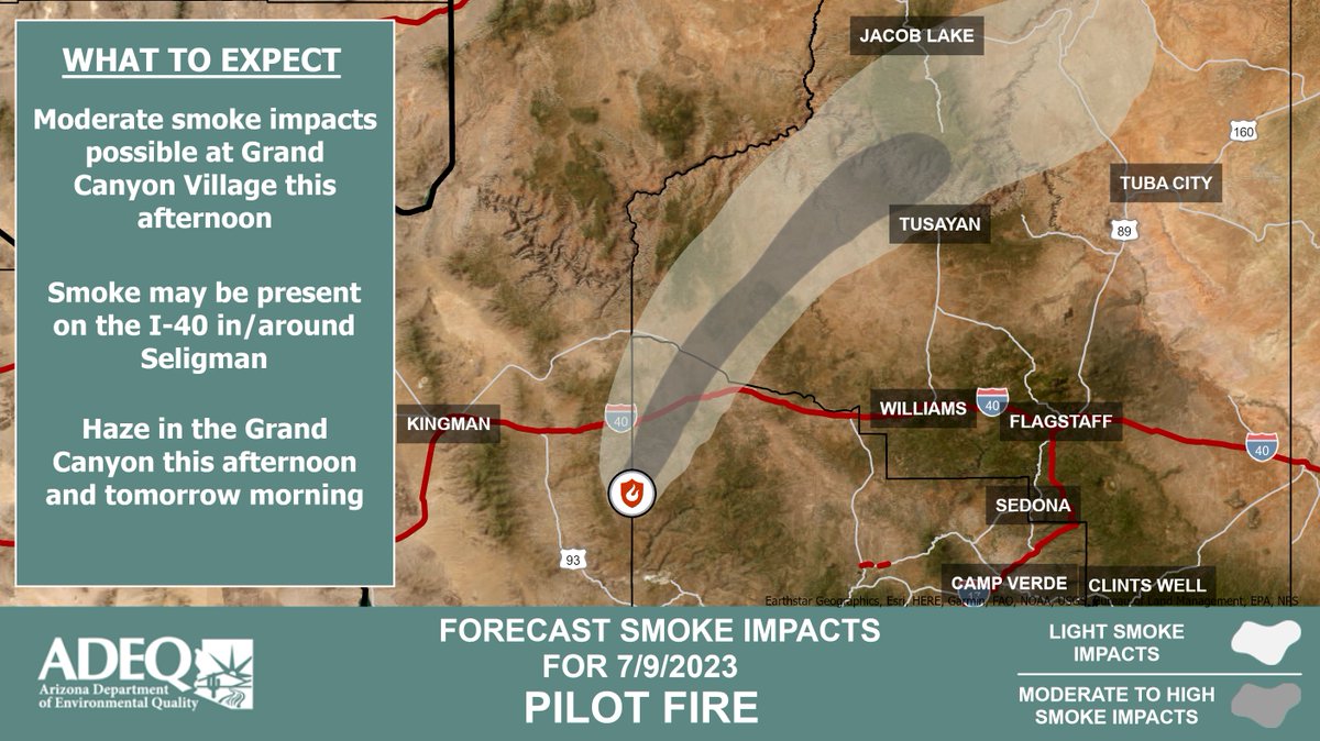 ArizonaDEQ's tweet photo. ❗ADEQ has UPDATED the #Pilot Fire Wildfire Smoke Forecast❗
See how the #smoke is affecting your local community #Seligman #GrandCanyon #Wikieup #Kingman #Page ➡️ https://t.co/j3SpTMRNyO
#AZFire #azwx #PilotFire #SmokeReady https://t.co/kTg90w8sZb