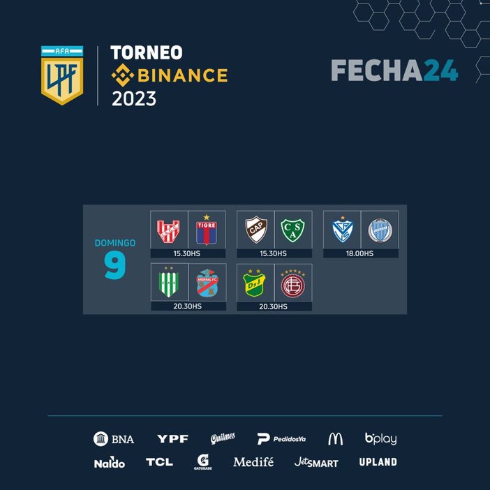 CalcioArg's tweet photo. #PrimeraDivisión 🇦🇷 - Fecha 2️⃣4️⃣ ✨
⏰ 20:30 #Instituto 🆚 #Tigre
⏰ 20:30 #Platense 🆚 #Sarmiento
⏰ 23:00 #Velez 🆚 #GodoyCruz
⏰ 01:30 #Banfield 🆚 #Arsenal
⏰ 01:30 #DefensaYJ 🆚 #Lanus https://t.co/TKOqYpINOI