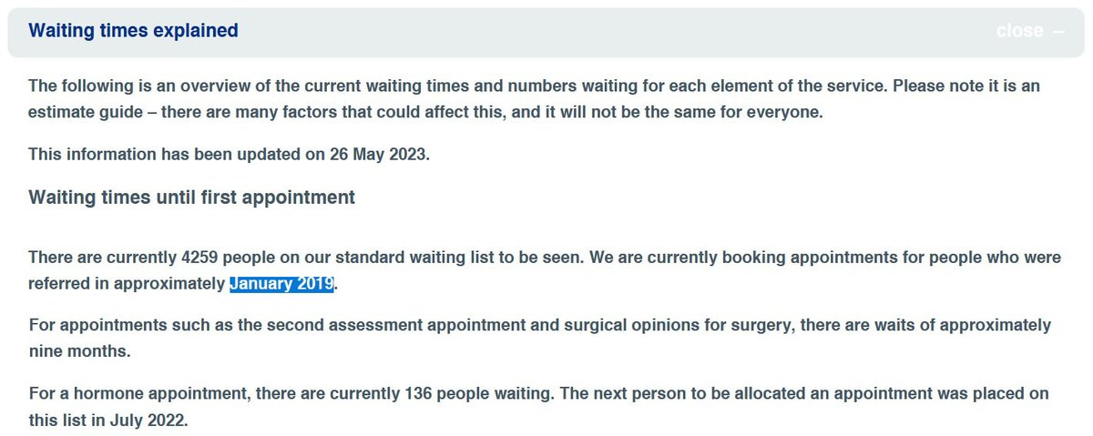 Now_Being_Laura's tweet image. Once more I want to illustrate how broken the system is for British transgender people under the NHS.🧵
This is from the Leeds Gender Identity Clinic&apos;s website explaining their waiting list.

So lets imagine you&apos;re a patient that was assigned to Leeds GIC in Jan 2021.

1/8
