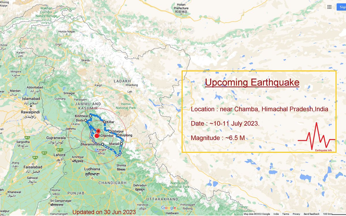 As per our research &amp; analysis upcoming near #Chamba #HimachalPradesh #India #earthquake information. Possible on 10-11 July 2023. Around ~6.5 Magnitude. This earthquake will impact the surrounding cities of #Doda #Dharmashala #Manali #Keylong #Pathankot #annshuroy #UCCComingSoon