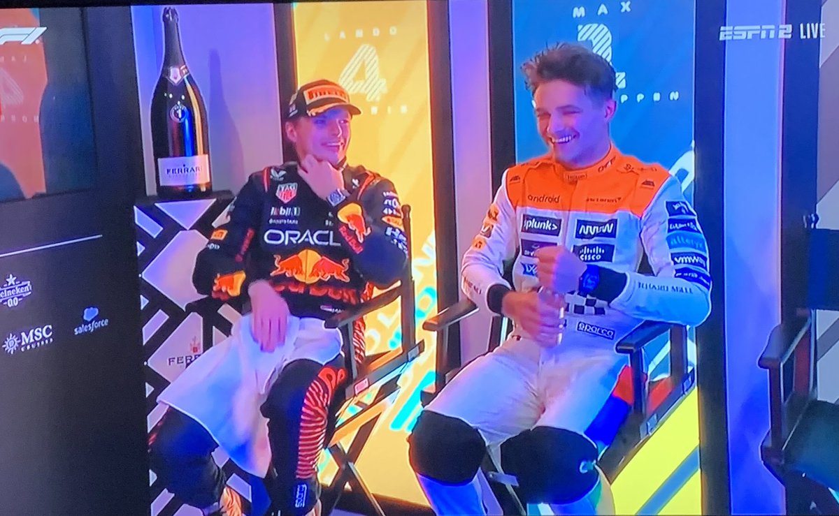 “Welcome to the Max Verstappen cooldown room podcast featuring for the first time this season Lando Norris”