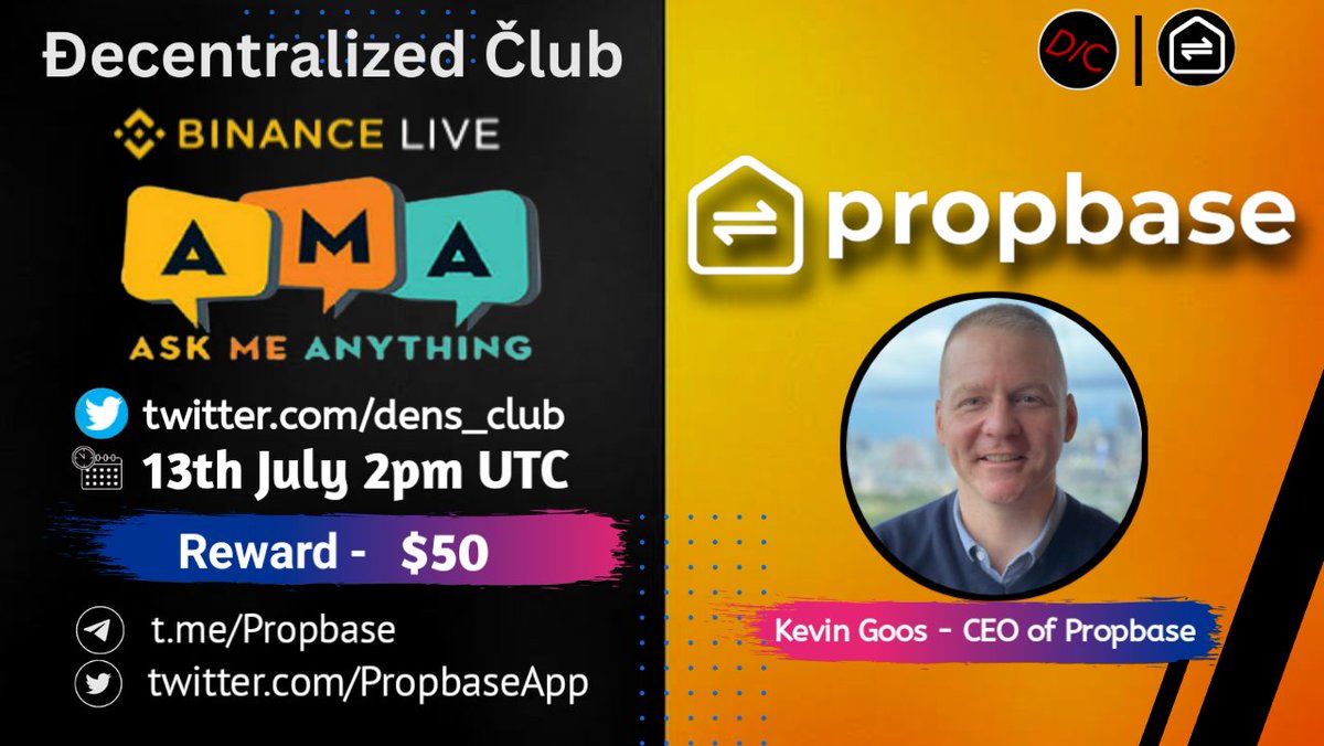 DC Presenting an #Binance_Live_AMA🎉

📌 Venue : binance.com/en/live/video?…
⏰ When : 13th July 2pm UTC 
🤑 Reward : $50

10 winners will get $5 each
Twitter (5) &amp; Live asking (5)

1⃣ Follow <a href="/PropbaseApp/">Propbase</a>
2⃣ Like &amp; RT &amp; Tag 3 Friends 
3⃣ Post your questions.