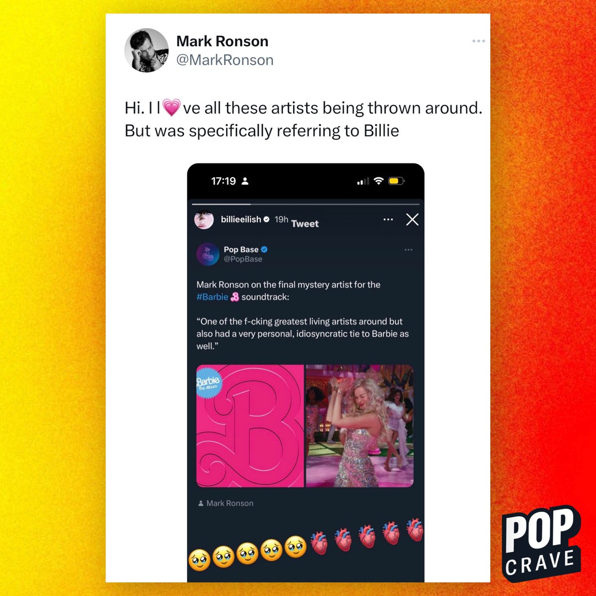PopCrave's tweet photo. Mark Ronson confirms he was talking about Billie Eilish when he said “one of the f*cking greatest living artists around” is doing a song for the #Barbie soundtrack:

“Hi. I love all these artists being thrown around. But was specifically referring to Billie.” https://t.co/OJOxPesRG1