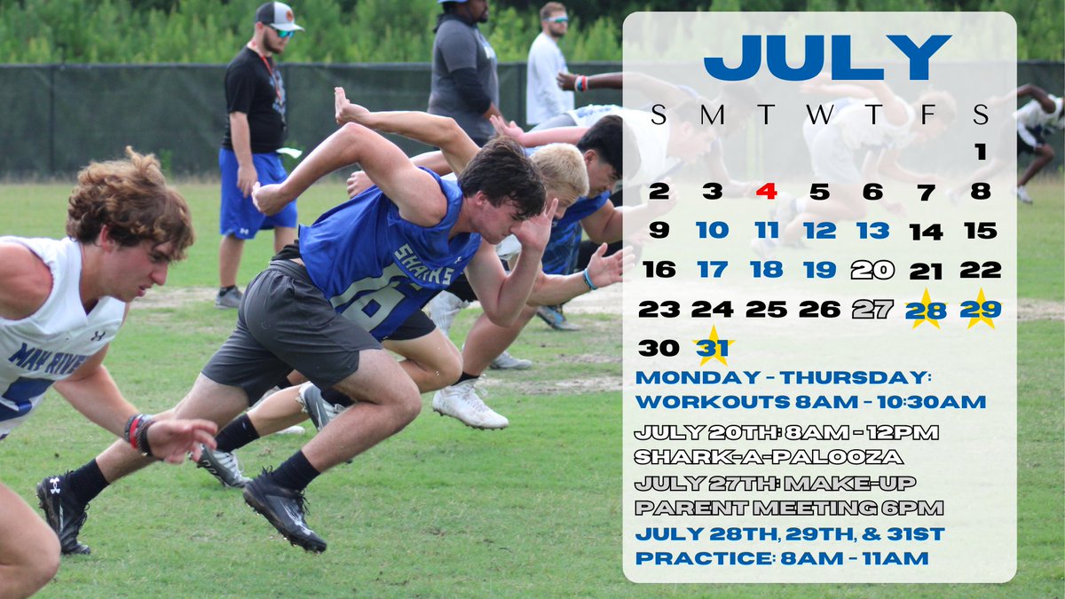 Check out July's Calendar! Back to work tomorrow morning! #TheStandard @coachbon53 @Shark_Athletics