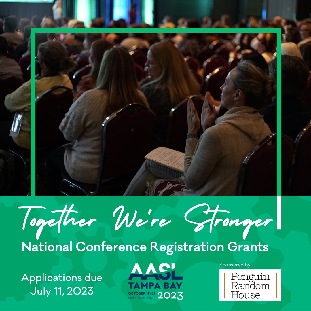 One more day!
Thirty conference registration grants, sponsored by Penguin Random House, are available to school library professionals wishing to attend the 2023 AASL National Conference.
The deadline for applications is July 11, 2023.
national.aasl.org/prh