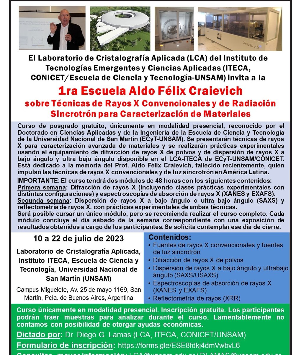 Diego G. Lamas (@diegolamas1) on Twitter photo Mañana lunes 10/7 comienza la 1ra Escuela Aldo Felix Craievich sobre Técnicas de Rayos X Convencionales y de Radiación Sincrotrón para Caracterización de Materiales! Estoy muy emocionado y agradecido con lxs colegas y estudiantes que nos van a acompañar! <a href="/difusion_LCA/">Laboratorio de Cristalografia Aplicada</a> <a href="/itecaunsam/">ITECA</a> Mañana lunes 10/7 comienza la 1ra Escuela Aldo Felix Craievich sobre Técnicas de Rayos X Convencionales y de Radiación Sincrotrón para Caracterización de Materiales! Estoy muy emocionado y agradecido con lxs colegas y estudiantes que nos van a acompañar! <a href="/difusion_LCA/">Laboratorio de Cristalografia Aplicada</a> <a href="/itecaunsam/">ITECA</a>