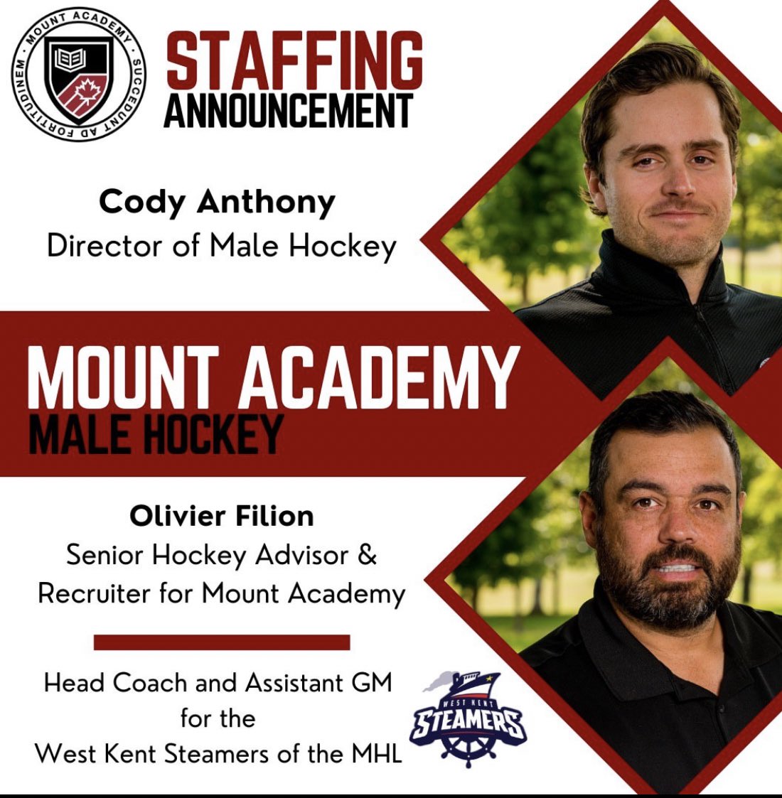 🚨🚨ANNOUNCEMENT🚨🚨

We would like to thank <a href="/olifil64/">olivier filion</a> for his last 4 years of dedication to Mount Academy, and we wish him the best of luck as Head Coach for <a href="/WKSteamers/">West Kent Steamers</a> !!

We would also like to congratulate <a href="/CodyAnthony12/">Cody Anthony</a> on being named the new Director of Male Hockey!!