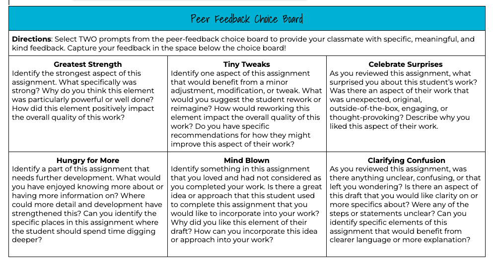 Peer feedback is most effective when it is focused and comes with clear guidelines. A choice board, like this one below helps to provide students with a sense of agency.

Make a copy to make it work for you!
bit.ly/3XLdUIY
 #StudentLed #Feedback