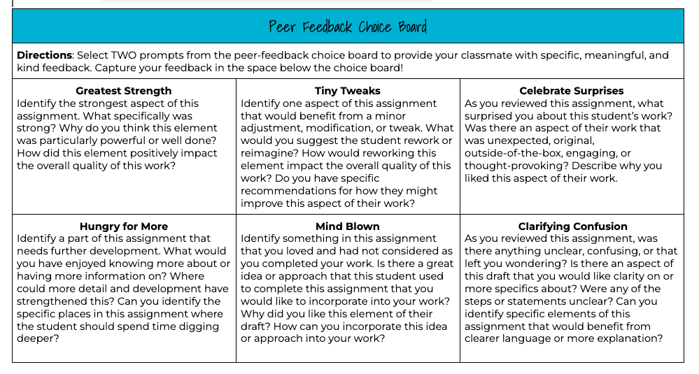 Peer feedback is most effective when it is focused and comes with clear guidelines. A choice board, like this one below helps to provide students with a sense of agency. Make a copy to make it work for you! bit.ly/3XLdUIY #StudentLed #Feedback