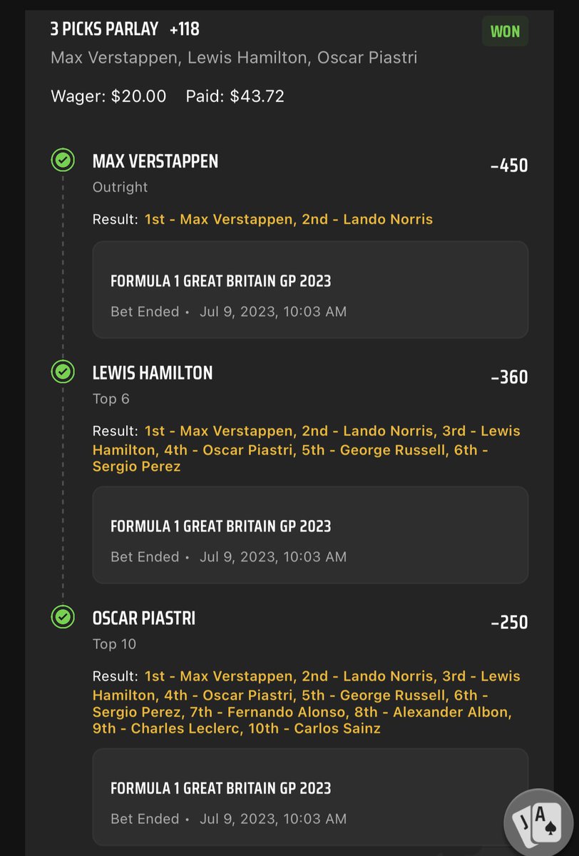 F1Bandits's tweet photo. 🇬🇧🚨Britain GP🚨🇬🇧

What a day today was! We didn’t have much time to post our picks but we did in fact win out. Max W + Fastest lap boosted to +100. 
Parlay of VER Winner, HAM top 6, and PIA top 10. What a race from McLaren! Enjoy the rest of your weekend! https://t.co/jir3atFRu1