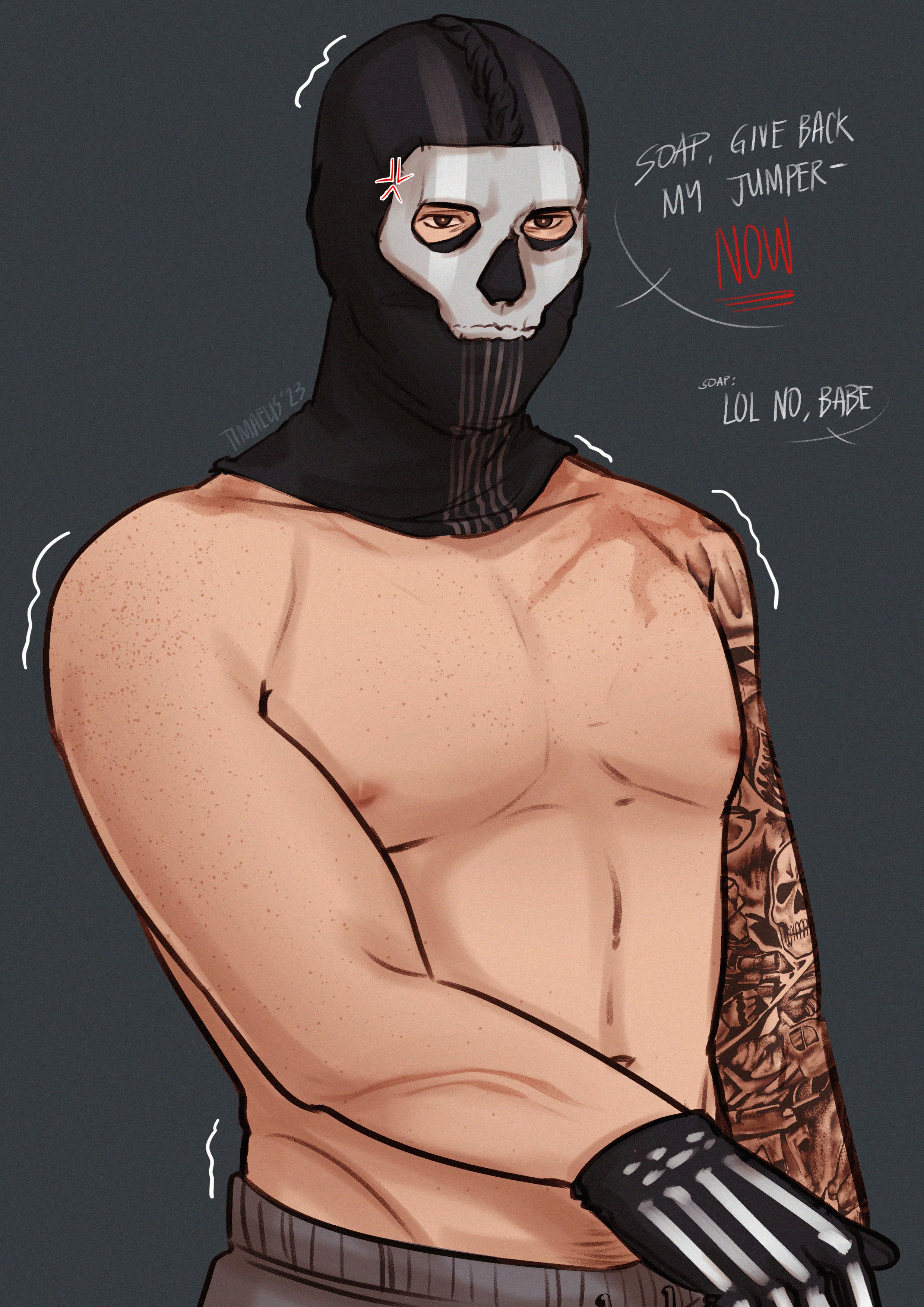 mus Splendor Børns dag tim 🧢 on Twitter: "someone on tumblr sent me an ask and hc'ed that if  non-traumatized ghost was maskless but fully-clothed, then masked ghost  would probably be shirtless 24/7 (missions excluded) --- #