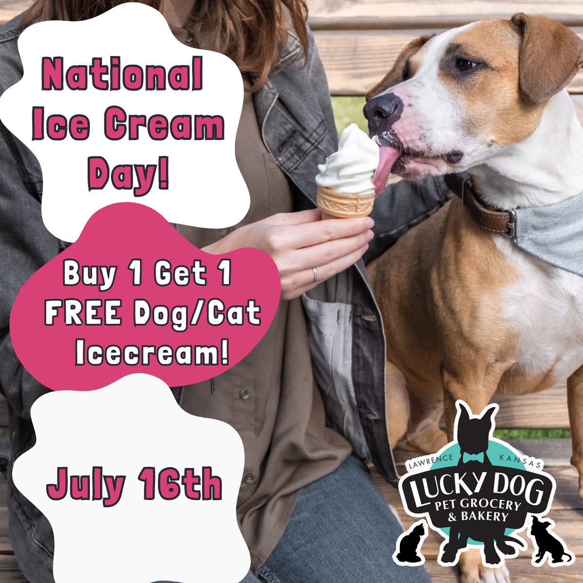 It's  National Ice Cream Day! So we're doing BUY 1 GET 1 FREE on all our dog  and cat ice cream! Flavors include; peanut butter bacon, carob coconut,  blueberry and cheddar pretzel!