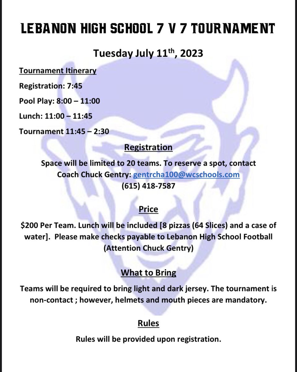 We have had one team drop out of our 7 on 7 for Tuesday.  If interested, please let me know.  We have 19 confirmed. You are promised 6 games.