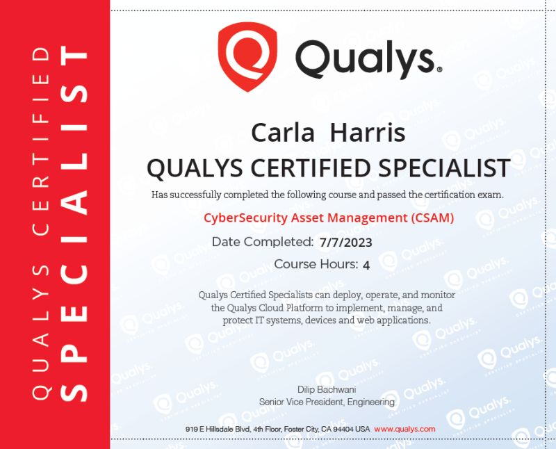 codingcarla's tweet image. CyberSecurity Asset Management ( CSAM ) Qualys Certified Specialist
#qualys #cybersecurity #csam #certifiedprofessional #continuouslearning