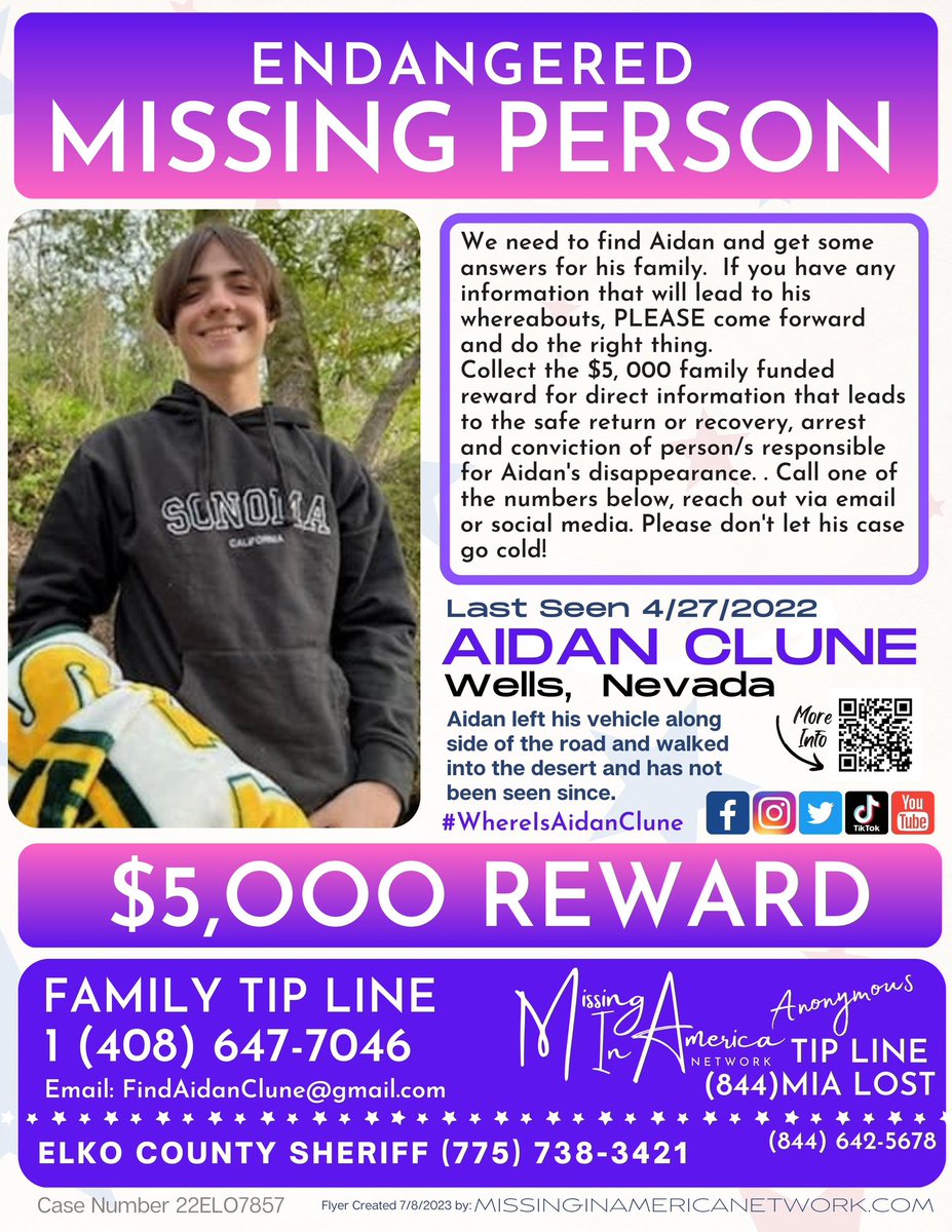 ***UPDATED FLYER*** 
Aidan Clune 🚨 MISSING 🚨  #BOLO 👀 Wells, Nevada since 4/27/2022 

👉🏼NEW Family Tip Line: (408) 647-7046
👉🏼 $5,000 Reward! 

Please 💛SHARE💛 and HELP FIND AIDAN!
#MissingInAmericaNetwork #MissingInNevada #FindAidanClune