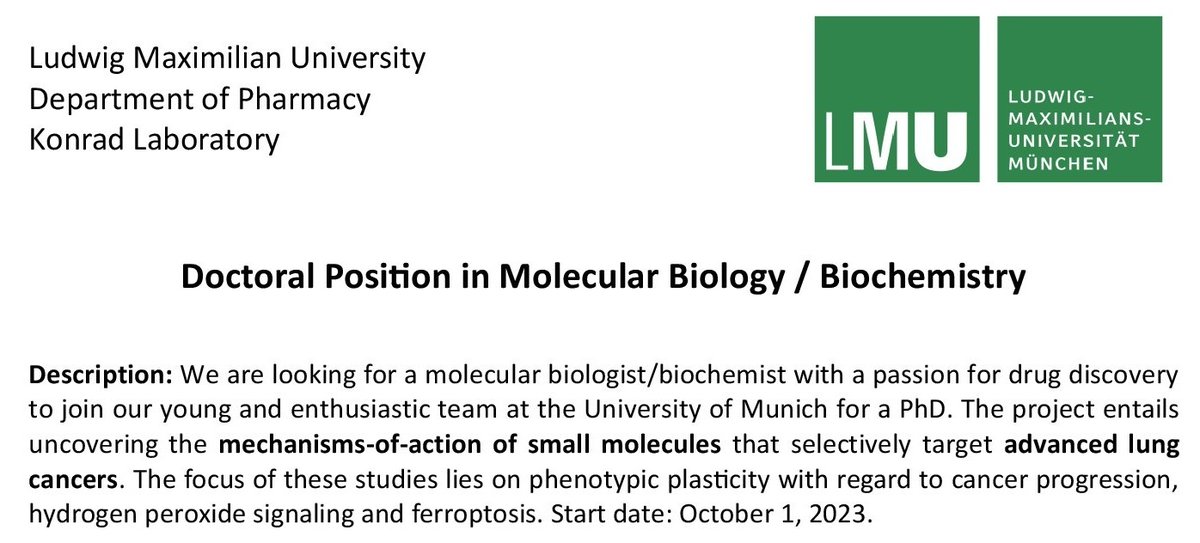 📢We have an open #PhDposition for a molecular biologist/biochemists with a passion for drug discovery and the goal to target advanced cancers to join our multidisciplinary team @LMUMunich. Visit us at: konrad.cup.uni-muenchen.de/open-positions/ for details. #PhDGermany RTs are highly appreciated!