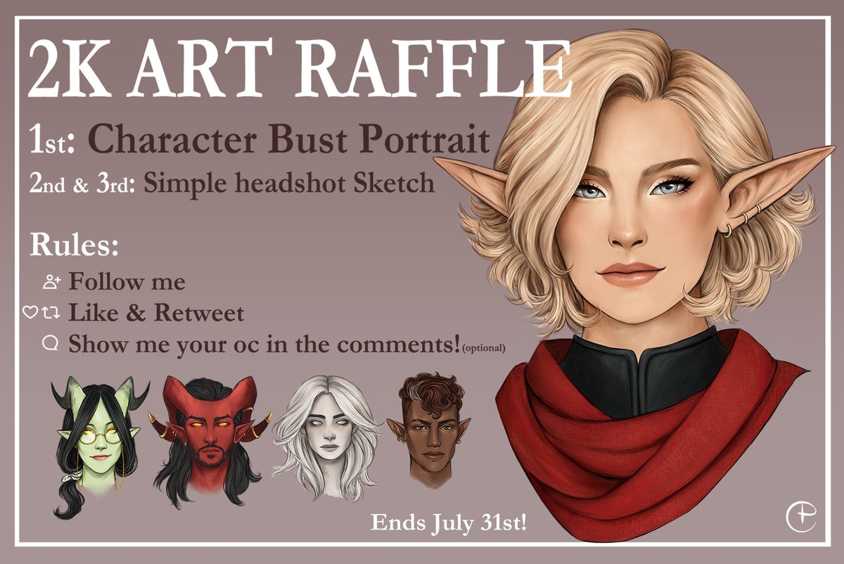 Hello! 2K Followers Giveaway Time!🎉 1st place gets a bust portrait 2nd & 3rd get a simple headshot portrait Rules: ▫️ Follow me! ▫️ Like & Retweet (no QRT) ▫️ Show me or tell me about your character in the comments! (optional) Ends July 31st! Good luck~ 😉