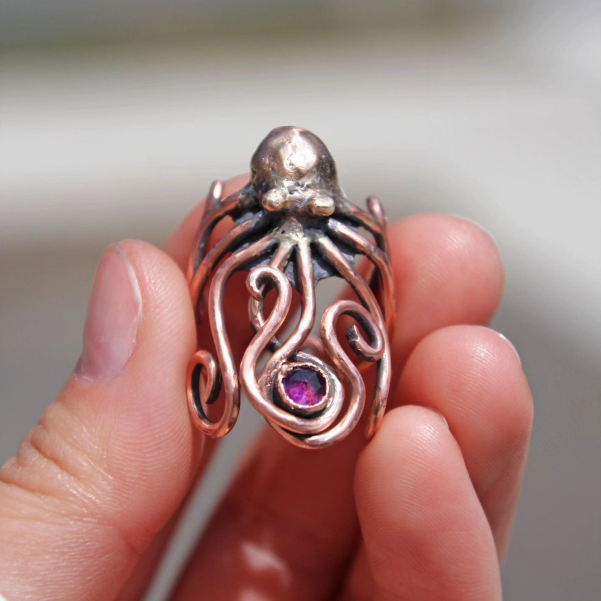 Did I ever post this here? Octopus commission for my gf's coworker. Copper and amethyst 
#silversmith #amethyst