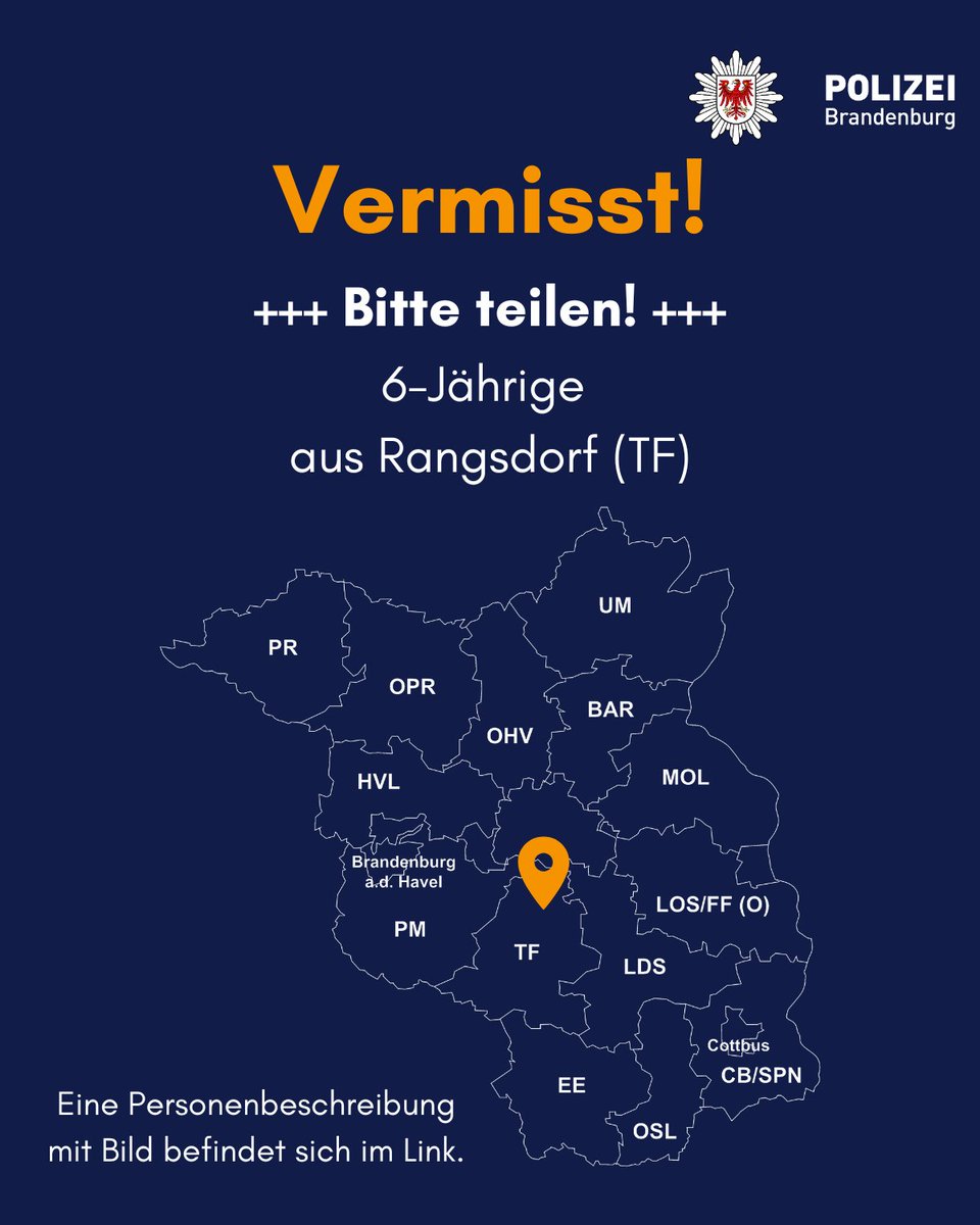 #Fahndung Wir bitten um Unterstützung! Seit heute (09.07.23) ca. 15:30 Uhr wird ein 6 – j. Mädchen am Rangsdorfer See (TF) vermisst. Personenbeschreibung: -gelb-pinker Badeanzug -schwarze Haare zu 2 Zöpfen geflochten Hinweise: Kollegen vor Ort melden oder an 03371 6000.