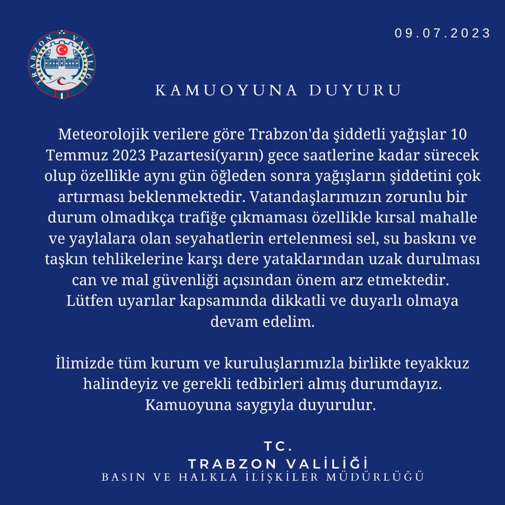 TrabzonValilik's tweet photo. İlimizde yağışlar devam edecek. 

ÖNEMLİ DUYURU! https://t.co/l4Wnvn4W26