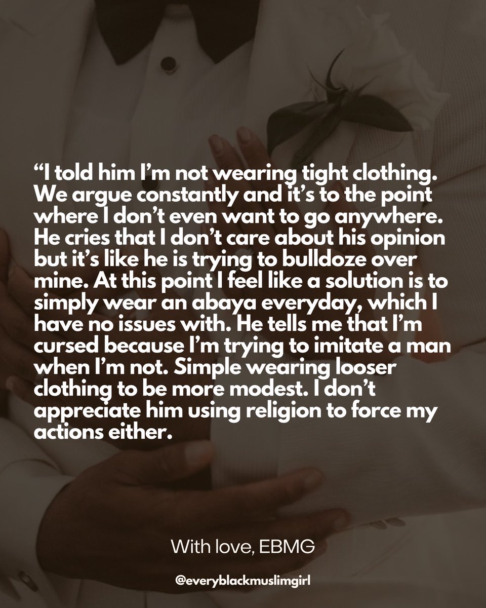 Another day, another dilemma: 

“My husband doesn’t want me to dress modestly” 

Ladies, what advice would you give? 

Read our response here: 

everyblackmuslimgirl.com/post/wlebmg-my…