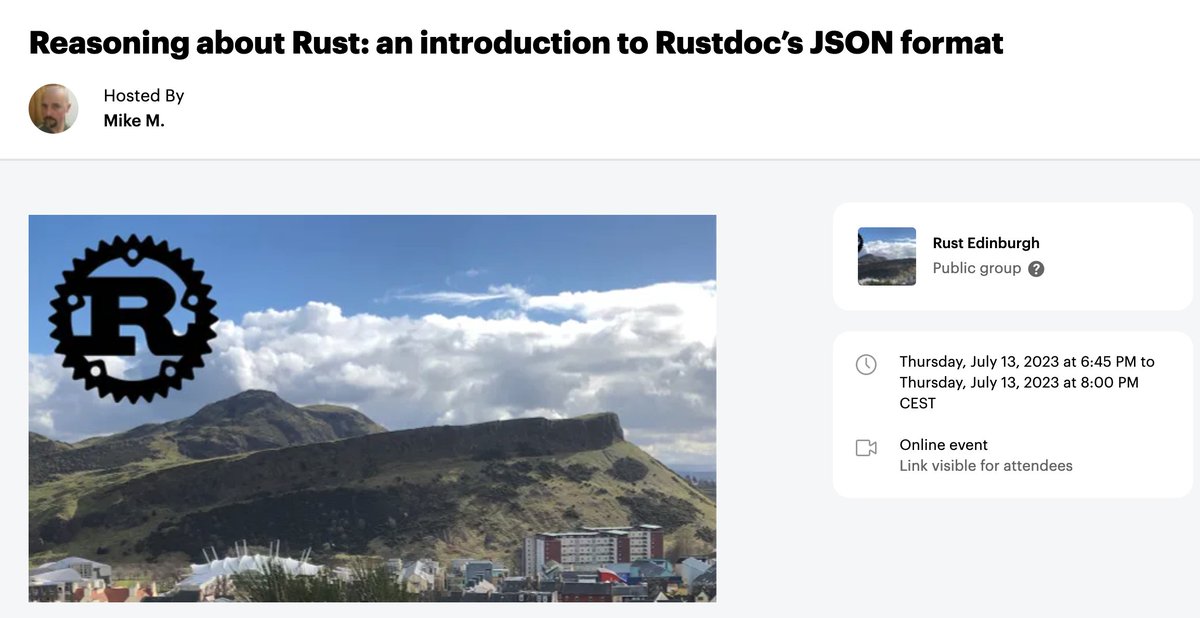 Luca Palmieri (@algo_luca) on Twitter photo On Thursday I'll be giving a remote talk at the Rust Edinburgh meetup 🎙️
I'll be covering Rustdoc's JSON format, a machine-parsable format to analyze the public API of Rust crates.
Since it's a remote talk, everything will be streamed—mark the date and time! On Thursday I'll be giving a remote talk at the Rust Edinburgh meetup 🎙️
I'll be covering Rustdoc's JSON format, a machine-parsable format to analyze the public API of Rust crates.
Since it's a remote talk, everything will be streamed—mark the date and time!