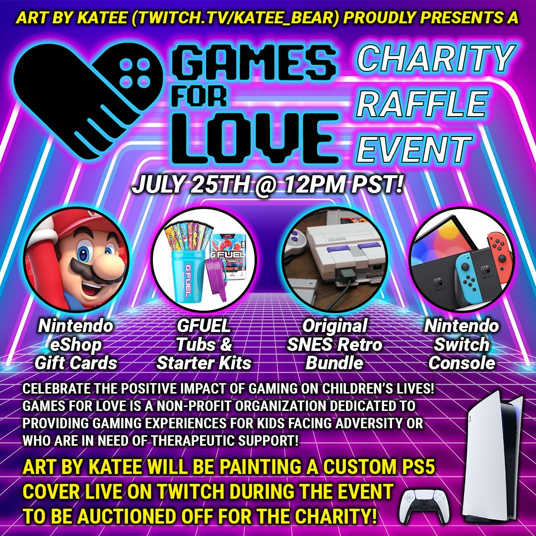 Mark your calendars for July 25th because we're hosting a mega charity event on Twitch.tv for Games for Love! This organization is all about bringing joy and happiness to kids who need it most, and we want to make a big impact together. 🌟

Now, let me tell you