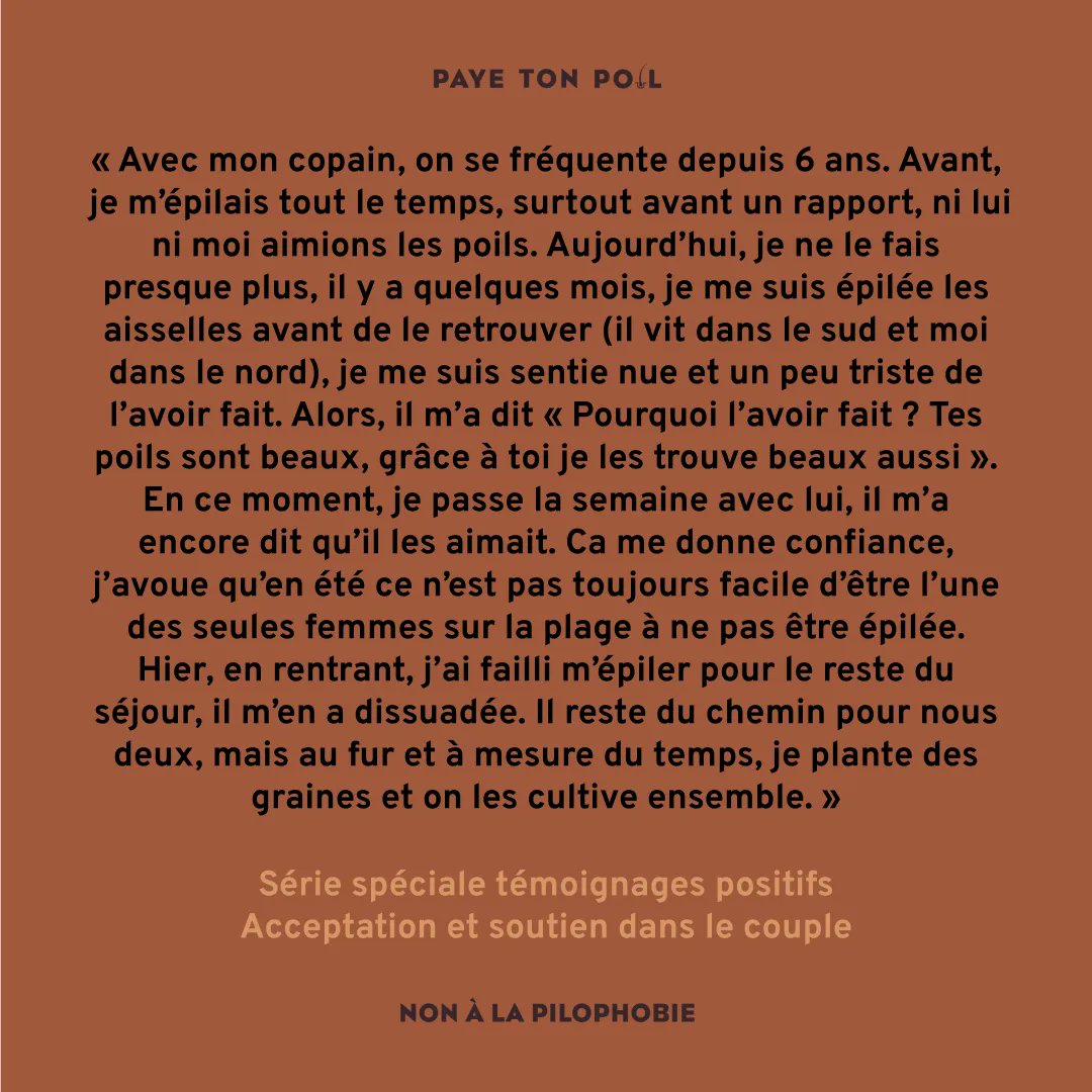 TonPoil's tweet photo. #PayeTonPoil
« Avec mon copain, on se fréquente depuis 6 ans. Avant, je m’épilais tout le temps, surtout avant un rapport, ni lui ni moi aimions les poils. Aujourd’hui, je ne le fais presque plus, il y a quelques mois, je me suis épilée les aisselles avant de le retrouver [...] » https://t.co/Wxf3PHDbuD