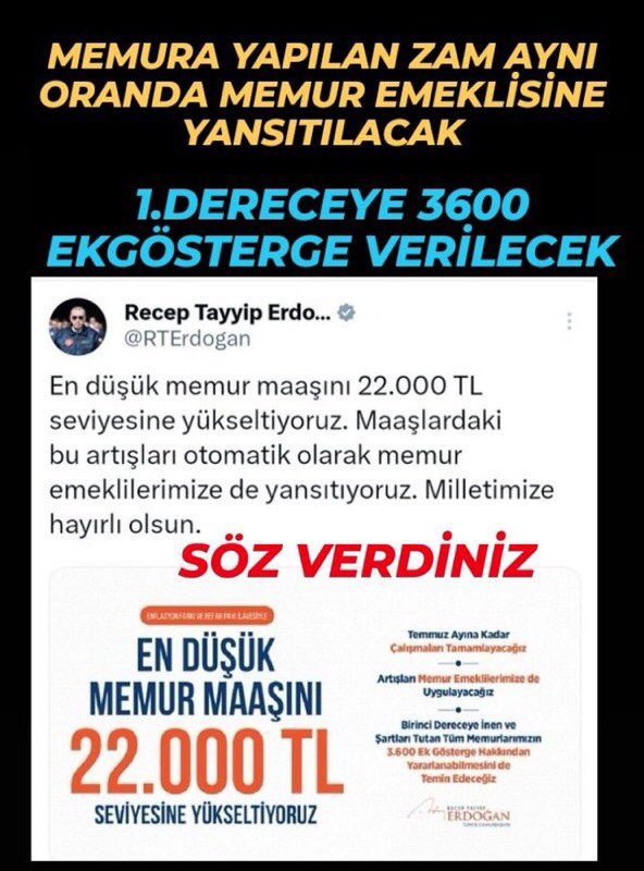 murat185434's tweet photo. #BirinciDereceye3600  Çalışan emekli tüm 1. Dereceye düşen memurlara 3600 ek gösterge verilmesi haktır verilmelidir. Çalışan memura yapılan zam da aynı oranda emeklisine de yapılmalıdır. Ayrıştırılma yapılmamalıdır. Partiniz Adalet ve Kalkınma Partisi ise  @RTErdogan @Akparti https://t.co/TqyIn0TsZh