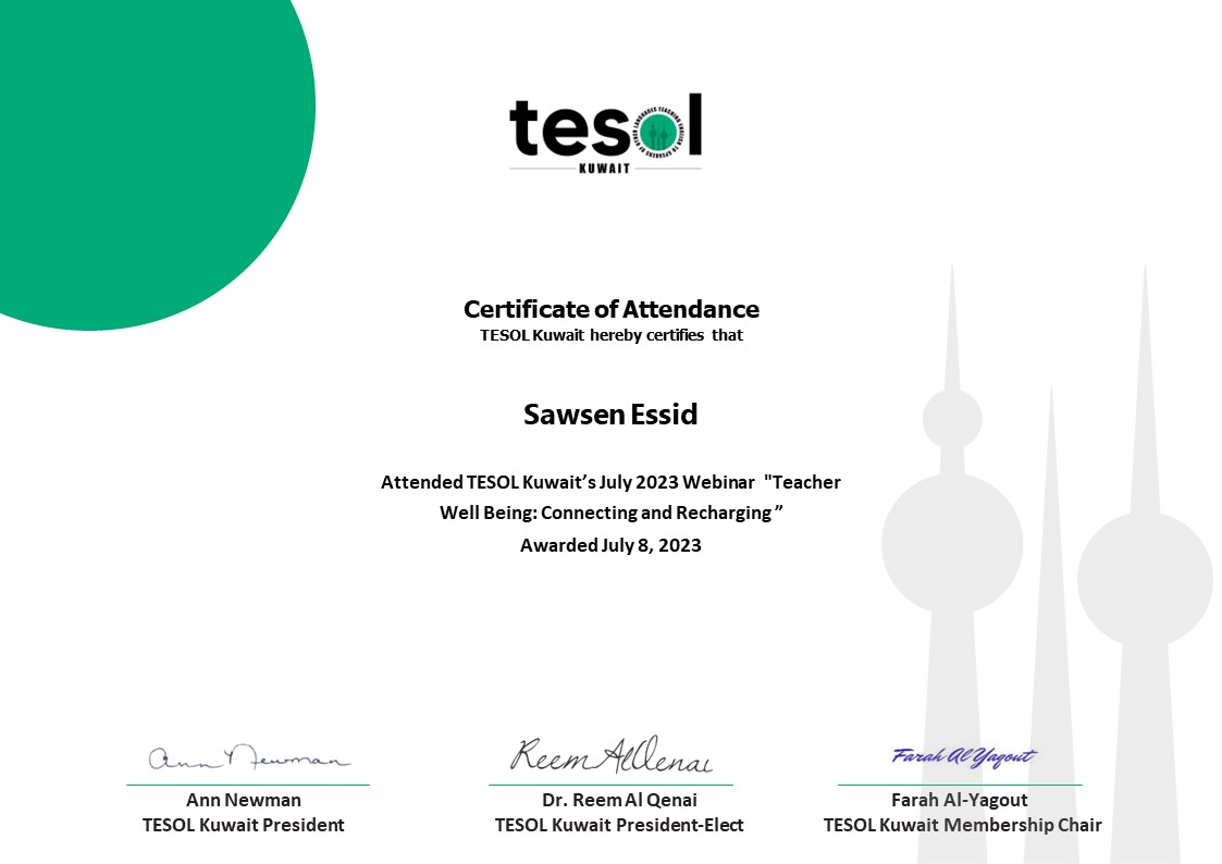 Thank you TESOL Kuwait and Sandra Story for this great Webinar about Teacher well-being: connecting and recharging.