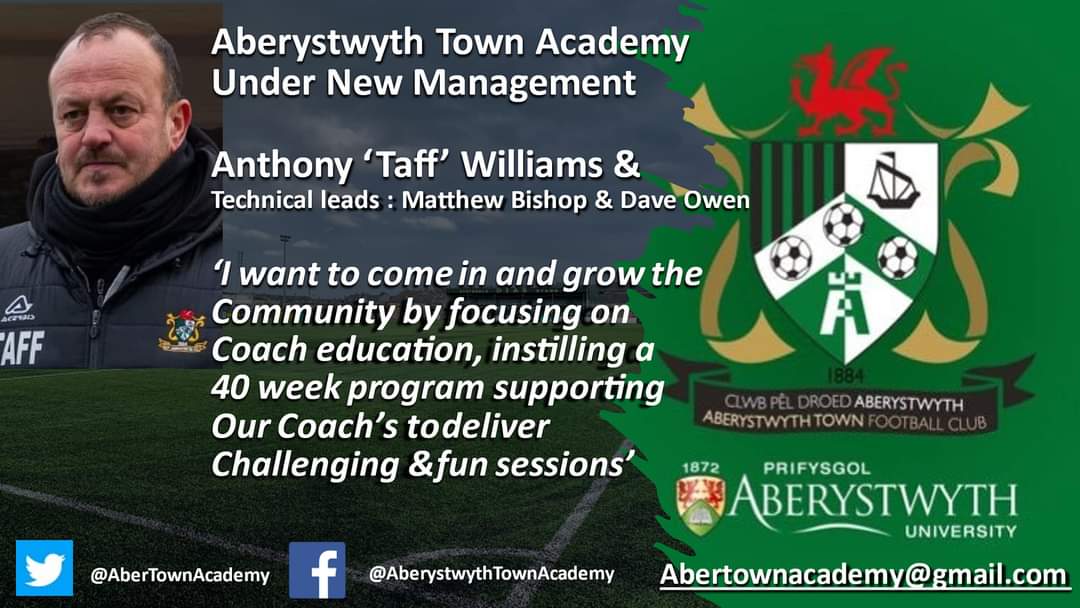 Exciting times ahead of us for <a href="/AberTownAcademy/">Aberystwyth Town Football club Foundation</a> as Anthony 'Taff' Williams steps up as Technical Director  🟢⚪️ #aberasone #seasiders
