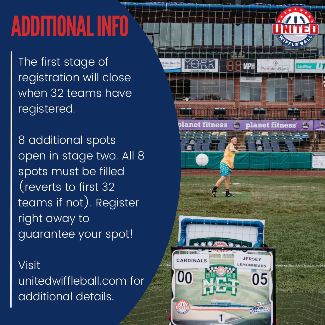 Registration for the 2023 World Championship Tournament opens tomorrow July 10th at 11 AM ET/8 PT! Here are some friendly reminders on the registration process.

For more details: unitedwiffleball.com/2023-wct-regis…