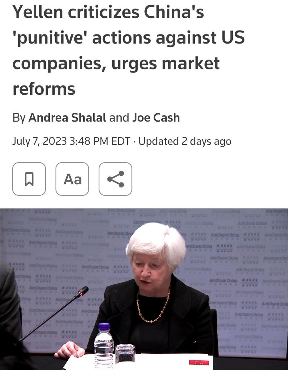 qiaocollective's tweet photo. Yellen's recent trip to China was touted as an attempt to "reset" relations. 

Instead, she lectured China about reducing state-owned enterprises &amp; opening up to foreign capital—a demand to embrace neoliberalism. US-China relations will go nowhere with this imperialist mentality. https://t.co/GlrlbloGIB