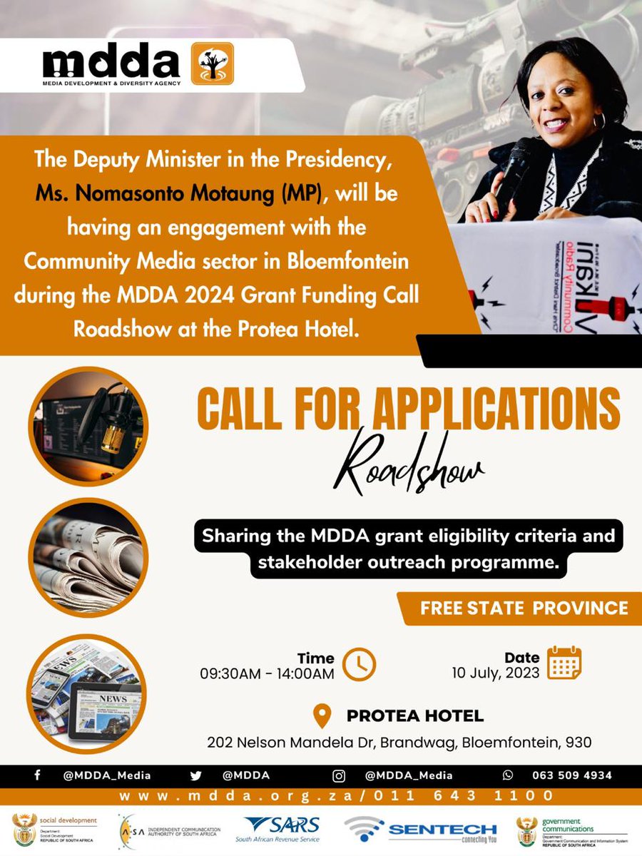 fsgov's tweet image. DEPUTY MINISTER MOTAUNG ENGAGEMENT WITH COMMUNITY MEDIA SECTOR

Date: Monday, 10 July 2023
Venue: Protea hotel, Bloemfontein 
Time: 09:30 - 14:00
#LeaveNoOneBehind #makingyourfutureworkbetter