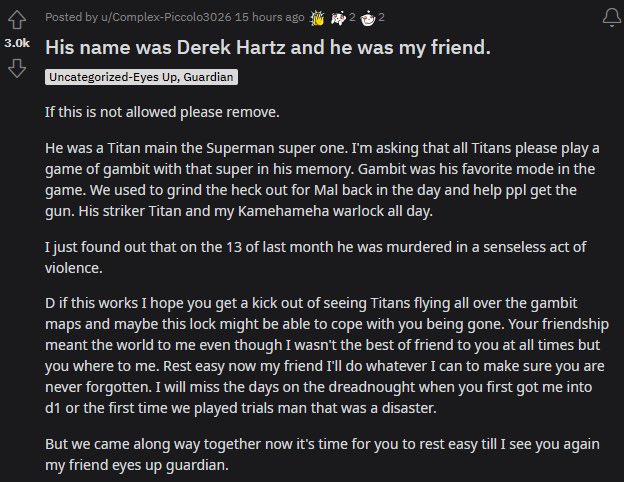 Destiny 2 players mourn the loss of a fellow Guardian