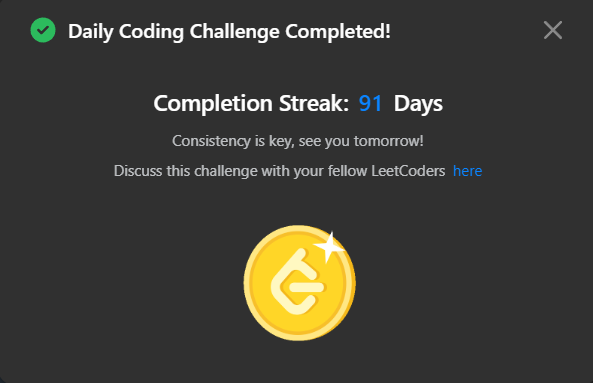 0NOSNA0's tweet photo. Daily Leetcode challenge Tweet:                                                                             
Day - 91  solved @LeetCode daily challenge  #100DaysOfCode #DSA #codinglife https://t.co/1fGTamaFxP