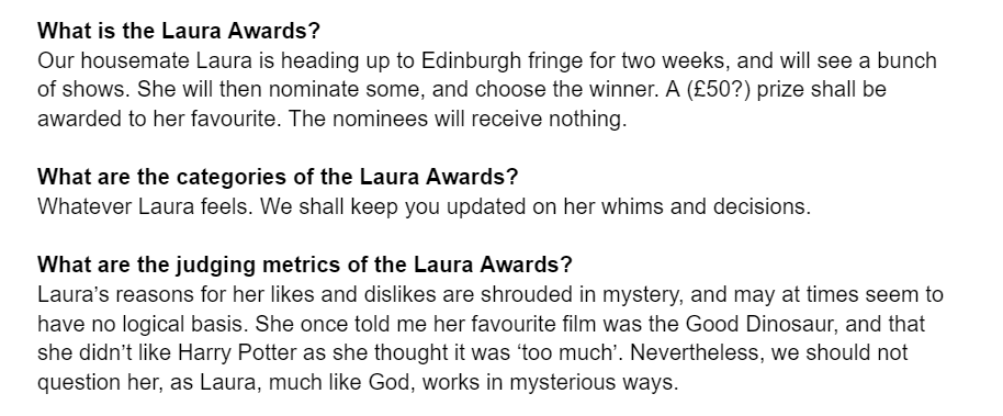 TheLauraAwards's tweet photo. Here be the facts of the Laura Awards (1/?) https://t.co/EENsBTufge