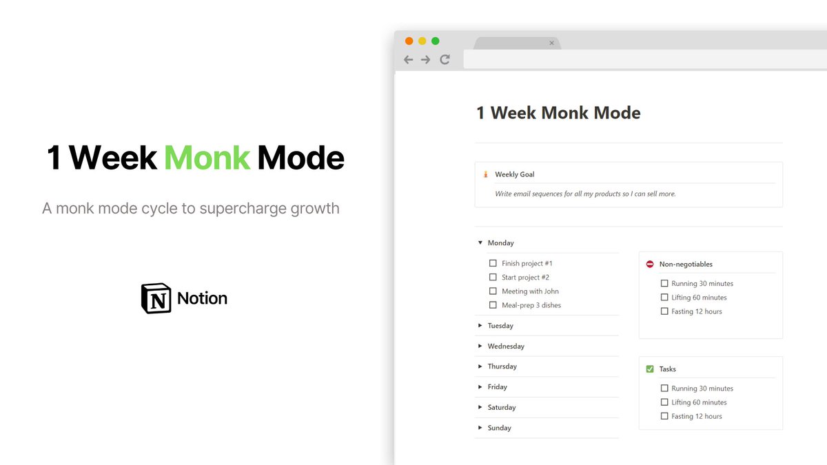 IAmPascio's tweet image. Everyone wants to make $10K/month.

But most people can&apos;t even go into Monk Mode for a week.

So I built a 1-Week Monk Mode template for Notion.

It&apos;s normally $25, but next 24 hrs it&apos;s FREE!

To get it:

1. Follow me (so I can DM you)
2. Like &amp;amp; retweet this tweet
3. Reply &quot;MONK&quot;