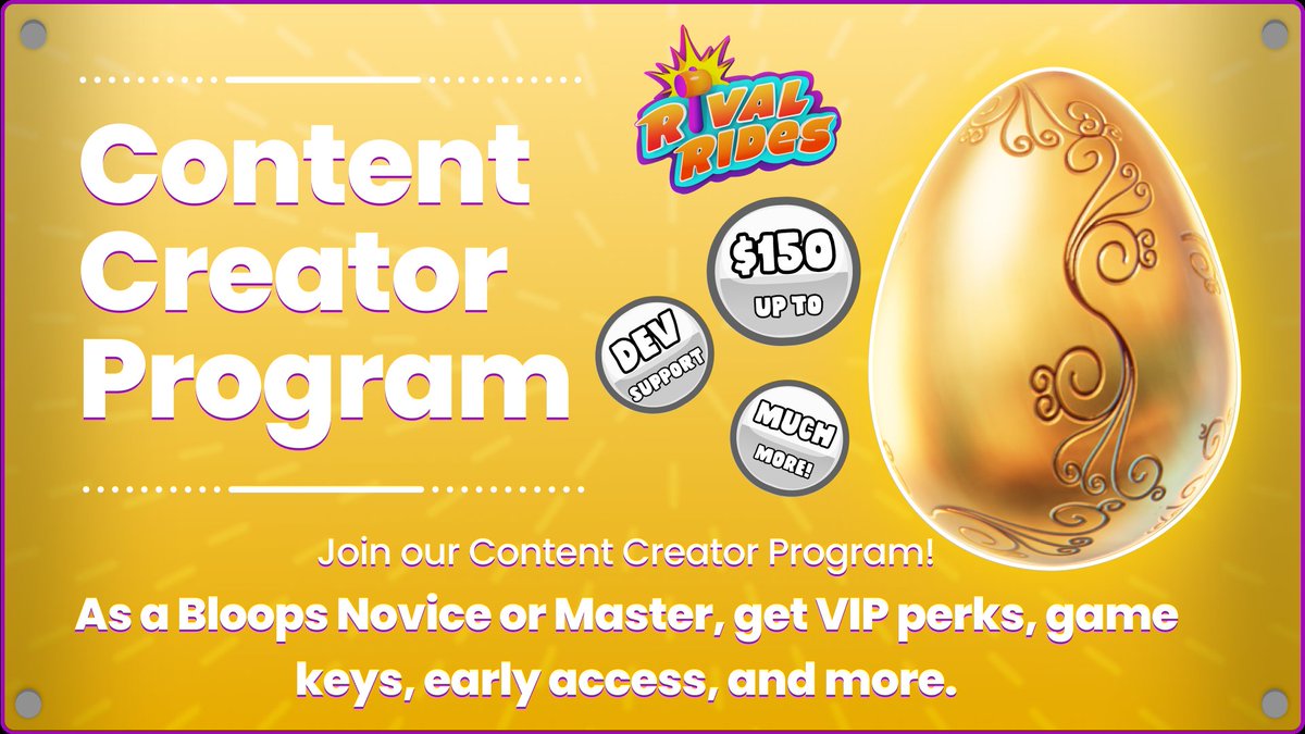 RivalRides's tweet photo. 📣 We're thrilled to announce the launch of our Rival Rides Content Creator Program!

🎥 Calling all streamers, YouTubers, and TikTokers - this is your chance to become part of our Rival Rides journey! 

🏆 Join us as a @Bloops Novice or a @Bloops Master, and accelerate your creator journey with perks like game keys, exclusive merch, early content access, VIP Discord access, and much more!

💰 Moreover, our top 3 creators will get a chance to bag a cash prize of $150 each month! 💵

✍️ For more information and to apply now, visit:  https://t.co/EtvXan4Oor

The Rival Rides Team