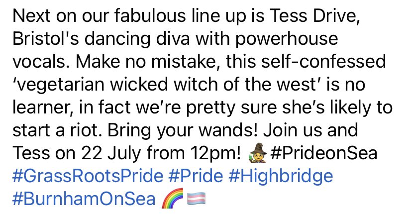 Next up is Tess Drive, Bristol's dancing diva with powerhouse vocals. Make no mistake, this self-confessed ‘vegetarian wicked witch of the west’ is no learner, in fact she’s likely to start a riot 🧙‍♀️#PrideonSea #GrassRootsPride #Pride #Highbridge #BurnhamOnSea 🌈🏳️‍⚧️